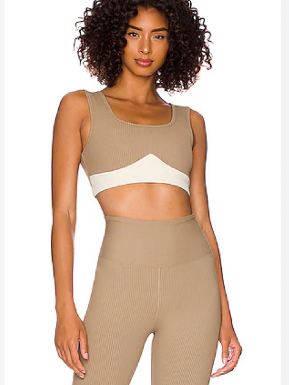 Year of Ours Ribbed Gia Two-Tone Sports Bra & Shorts Set - Caribou and Bone